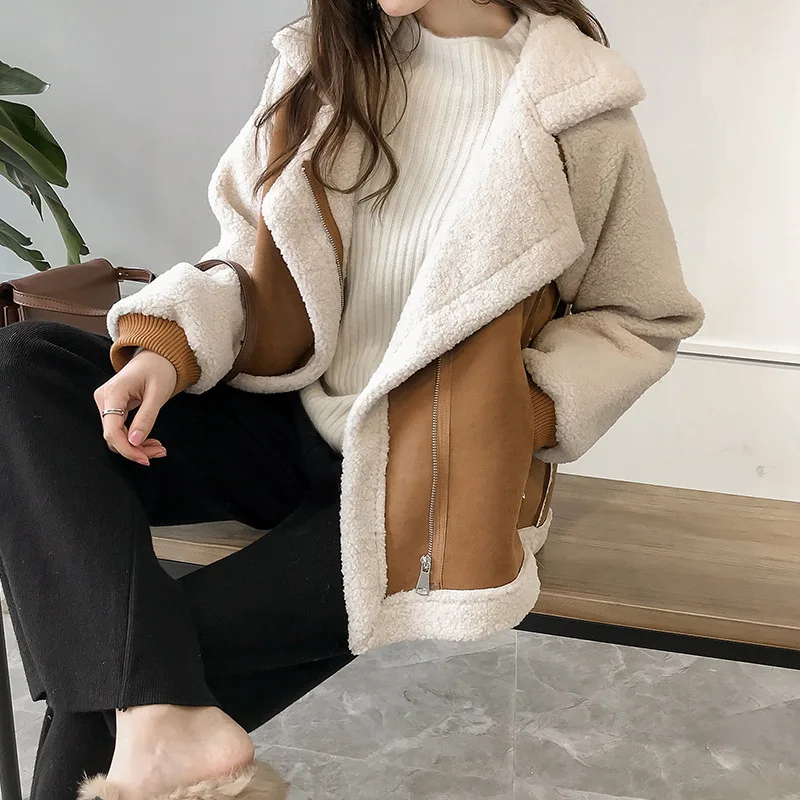 

Women Winter Jacket Chic Faux Suede Fur Collar Coats Aviator Motorcycle Biker Jackets Female Lamb Wool Coat 2021 New