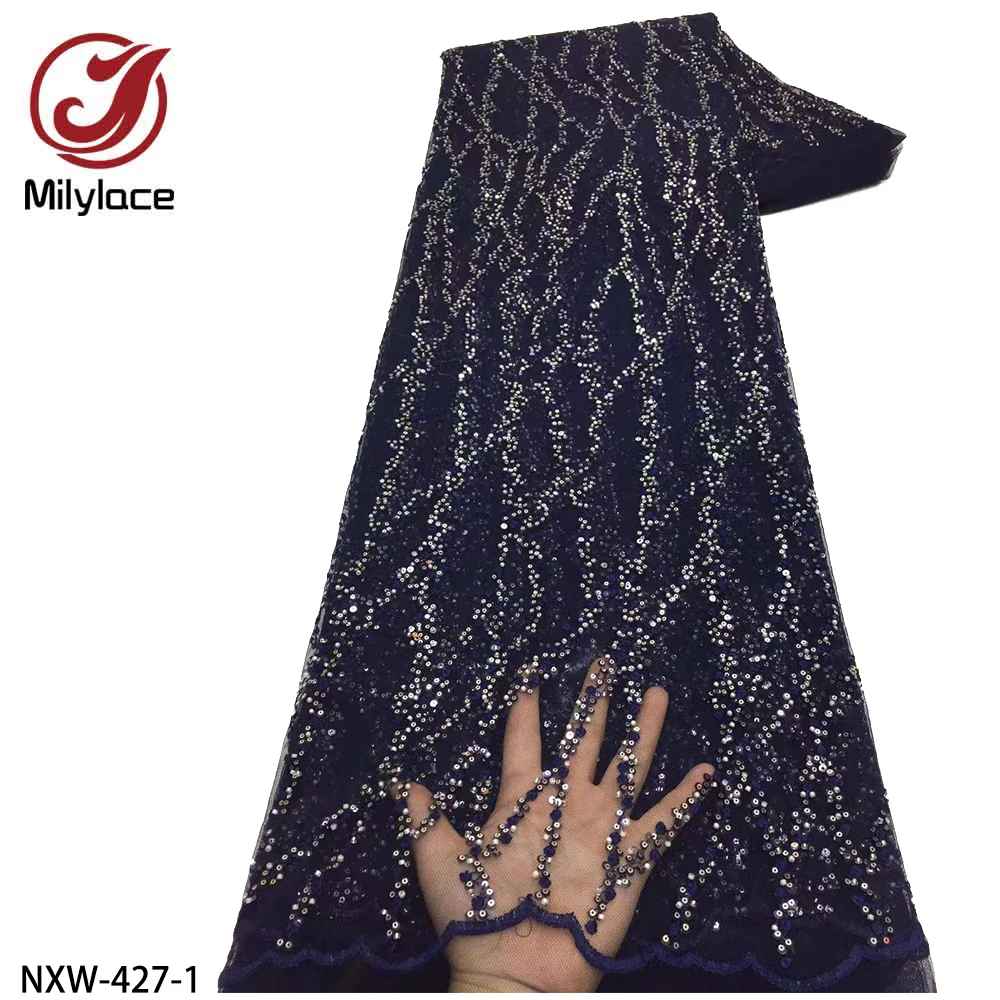 

Latest Luxury French Tulle Net Lace Fabric Handmade Sequins Good Looking for Nigeria Dresses for Women NXW-427