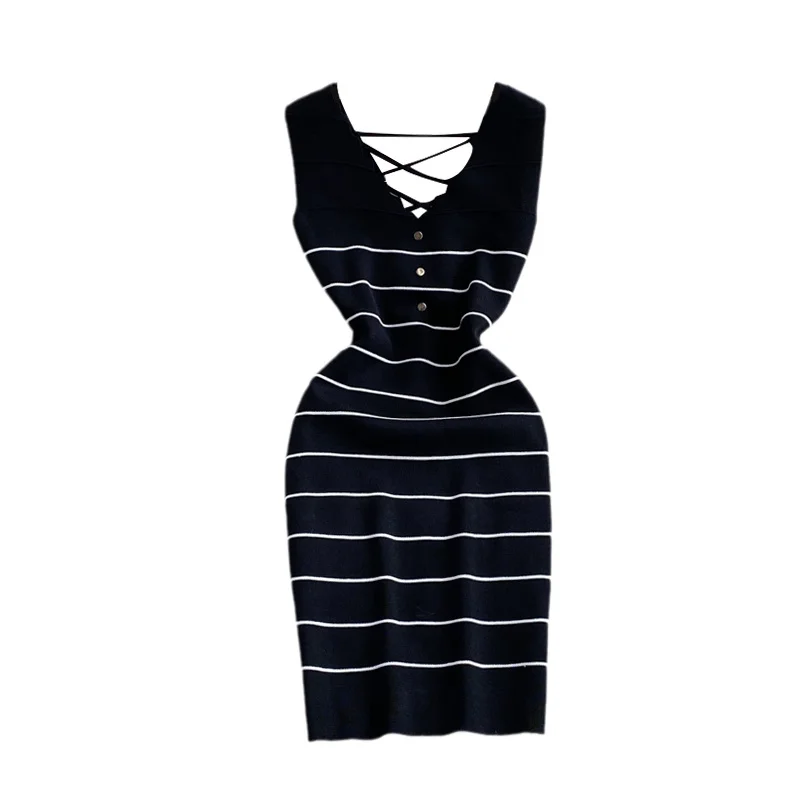 

Summer Sexy Wave V-neck Stripe Knitted Dress Women Fashion Bandage Backless Vest Dresses Elegant Slim Bodyon Wrap Hip Knit Dress