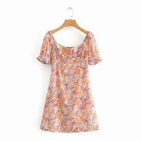fashion women clothing flower printed loose dress square collar bubble sleeves casual holiday wear for lady skirt