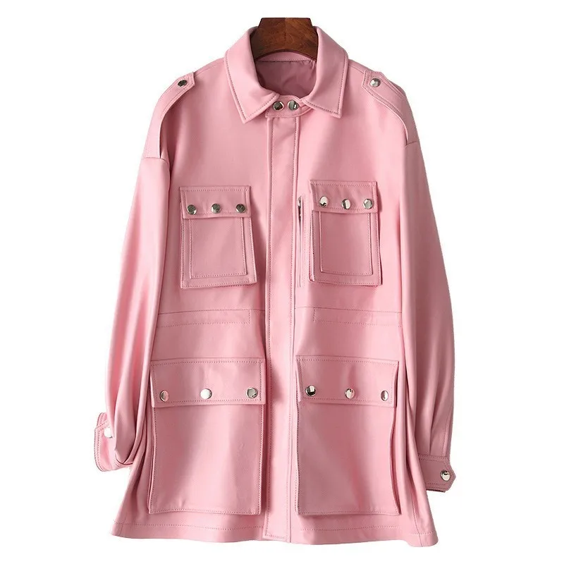 

Rose soft collar claudina women's pocket long jacket zipper leather zipper real women's relaxed top