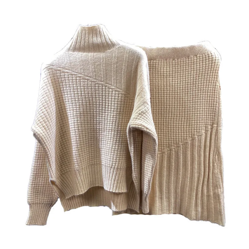 

Women's Cable Knitted 2 Piece Outfits Long Sleeve Turtleneck Sweater Top & Tank Midi skirts set A87