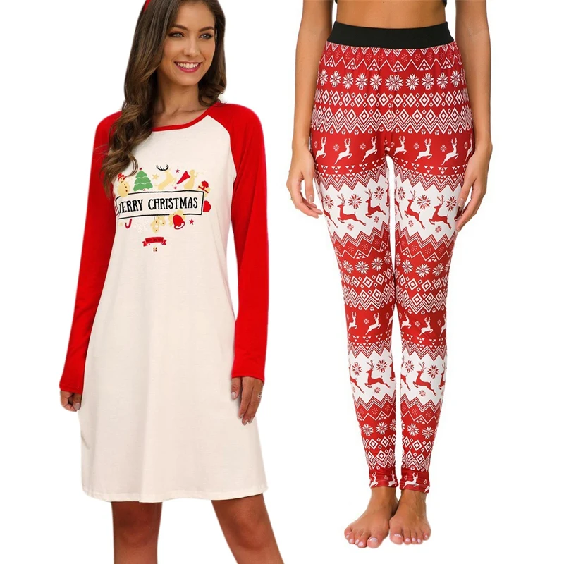 

Christmas Dress Women O Neck Long Sleeve Dress Red L & Women Leggings Snowflake Christmas Deer Print Dark Red L