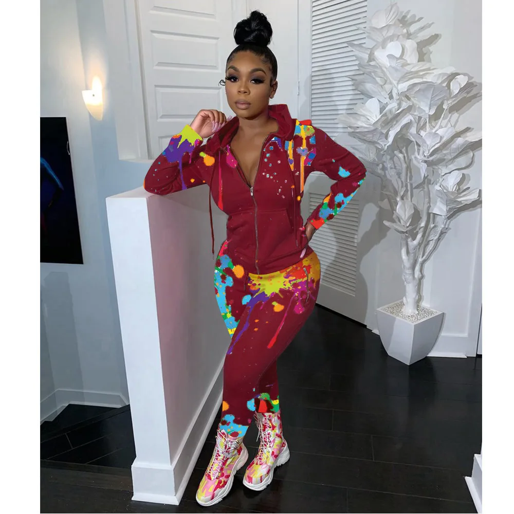 

Splash-ink 2 Two Piece Set Women Matching Sets Casual Hooded Zipper Long Sleeve Fashion Workout Tracksuits Skinny Top Pants Suit