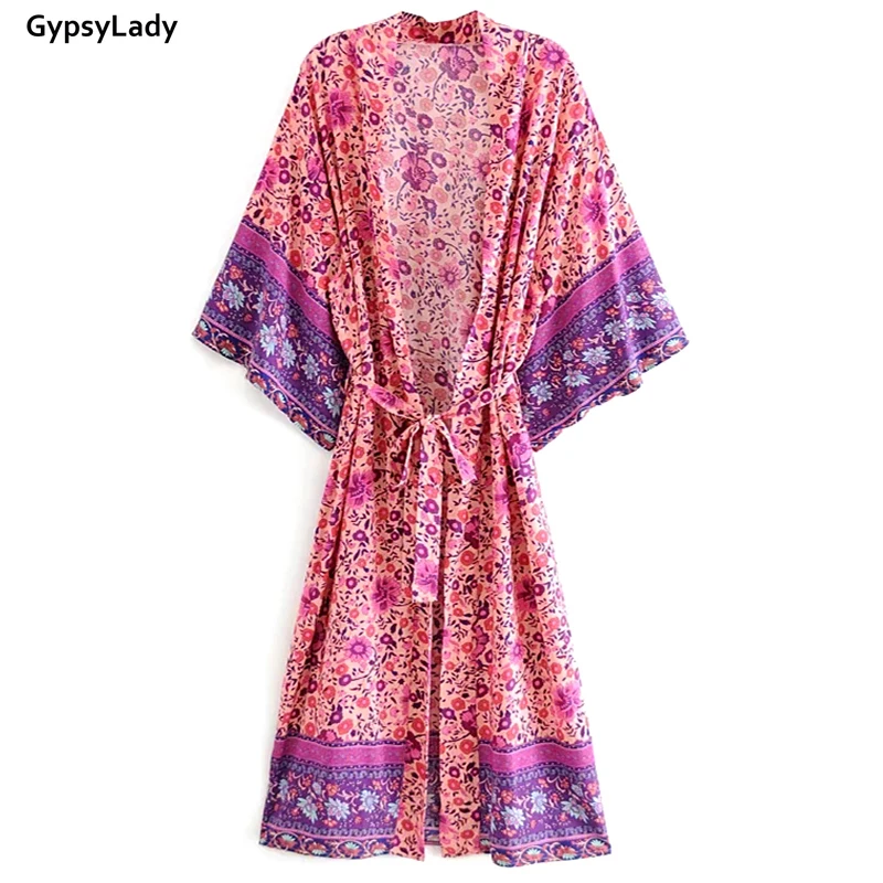 GypsyLady Винтаж кимоно Boho Блузы с цветочным принтом Для женщин длинный кардиган chic