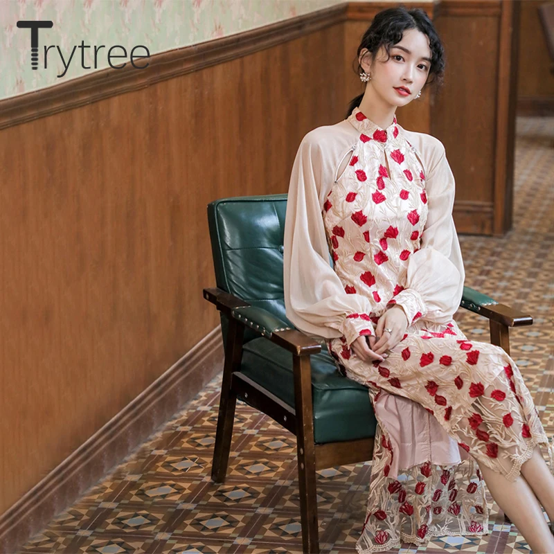 Весеннее женское платье Trytree 2020 Повседневное с воротником-стойкой и