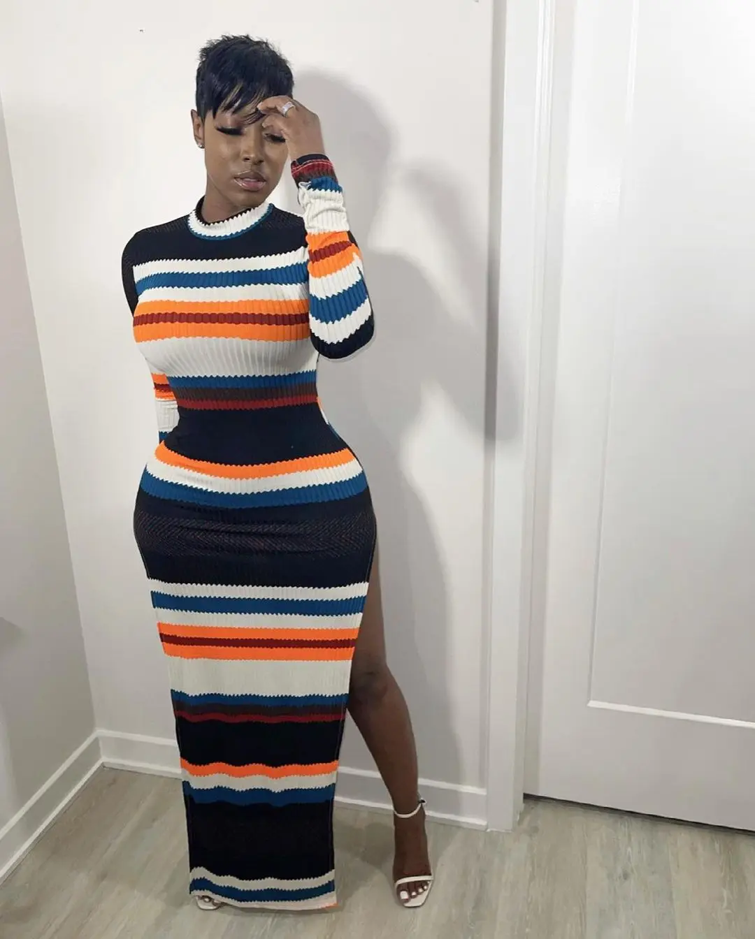 

New Autumn Colorful Striped Knit Rib Long Dress for Women Sexy Long Sleeve High Slit Slim Club wear Party Maxi Dress Robe Lounge