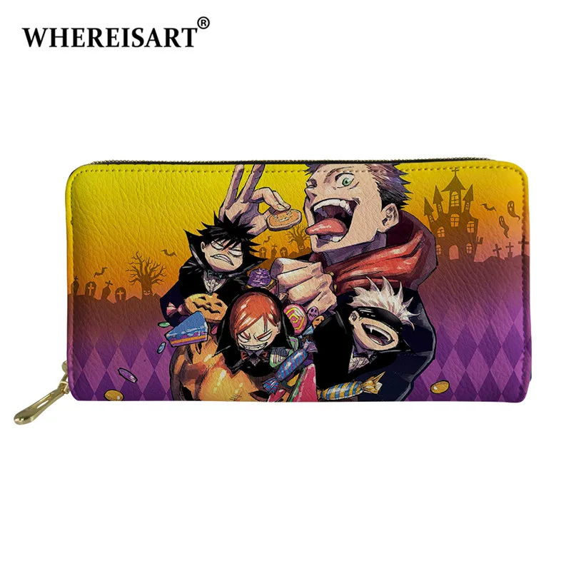 

WHEREISART Women Business Card Holder Long Anime Jujutsu Kaisen Wallet PU Cool Halloween Shape Purse Leather Young People Bags