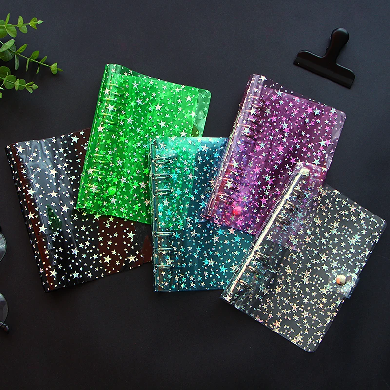 A5 A6 PVC Rainbow Laser Transparent Notebook Diary Cover Glitter 6 Hole Loose Leaf Note Book Planner Clip Office Supplies
