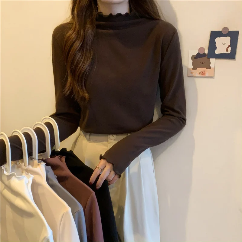 

Half-high Collar Long-sleeved T-shirt Fungus Women's Autumn and Winter 2021 New Bottoming Shirt Slim Casual Fit Tops