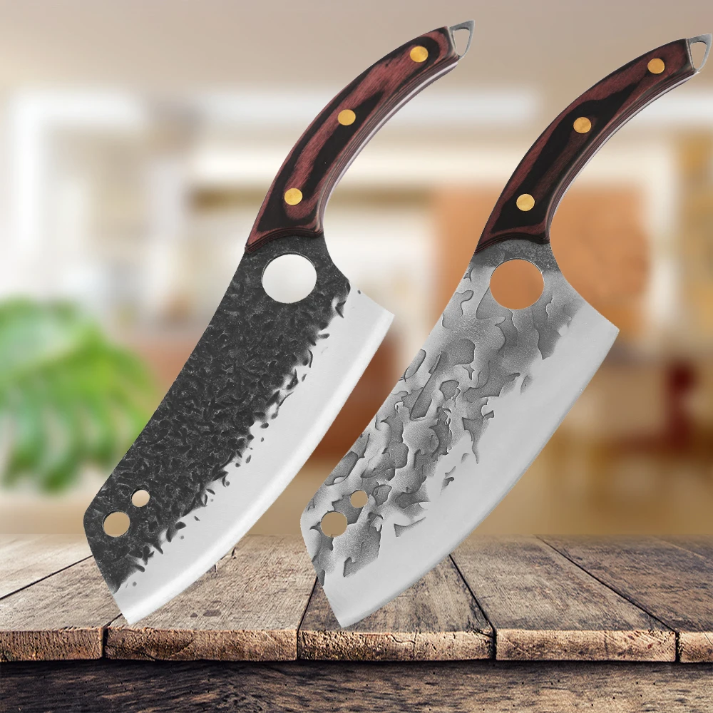 XYJ 7-дюймовый полный нож для мяса Танг шеф-повара кухни маленький Кливер эргономичная деревянная ручка лезвие для молотков ножи с отверстиям...