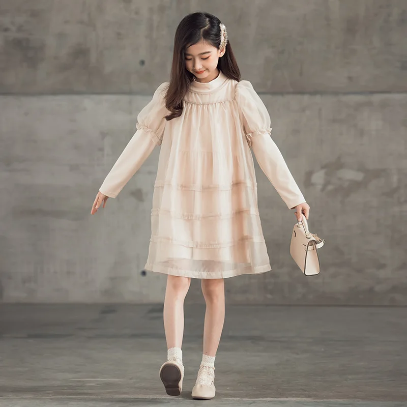 Girls Mesh Dress 2022 Spring Long-Sleeve Fashion Kids Party Dresses for Princess Teen Clothes 10 12 13 Years | Детская одежда и