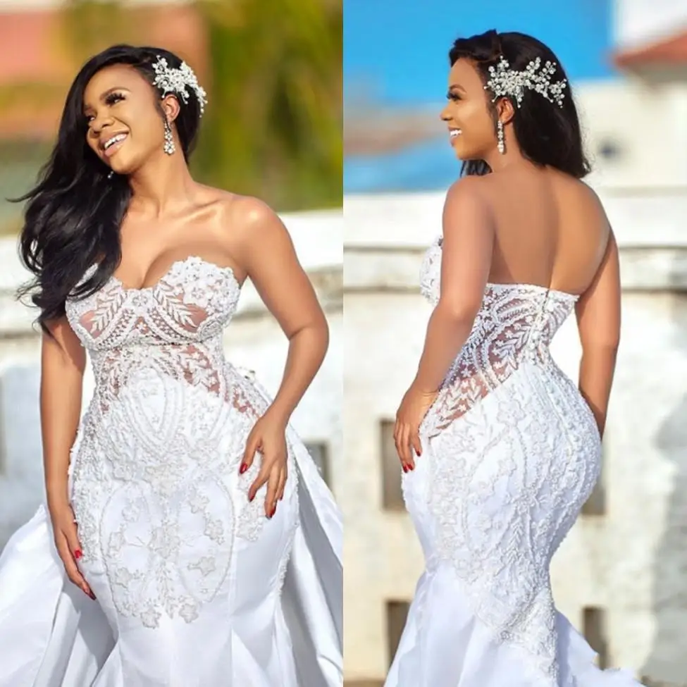 

African Plus Size Wedding Dresses Detachable Skirts Sweetheart Castle Mermaid Wedding Gown Appliqued Satin Country Bridal Dress