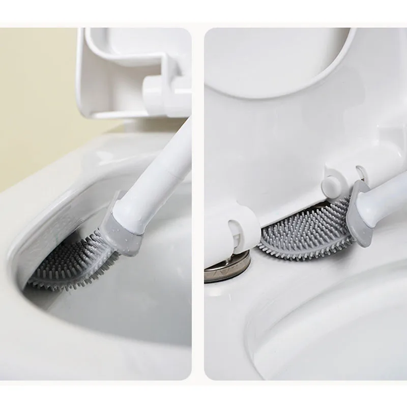 Escobilla de inodoro de silicona montada en la pared con soporte, accesorios para Wc, Juego de cepillos de cerdas suaves, herramienta de limpieza de ba&ntilde;o-2