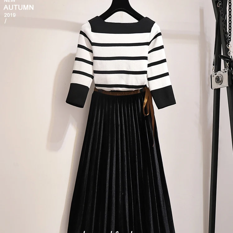 Сказочный женский полосатый свитер костюм новая осенне зимняя плиссированная