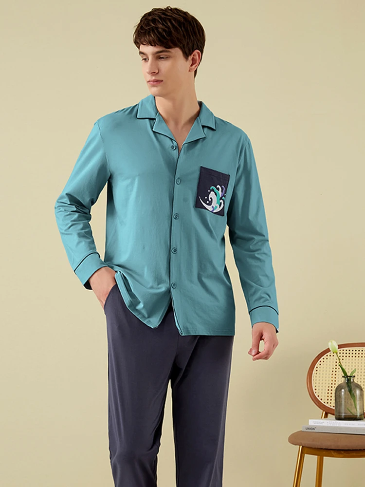 

Men's Couple Pajamas Suit Bamboo Fiber Autumn New Product Cardigan Lapel Home Wear Can Be Worn Outside Pajamas Men Nightwear