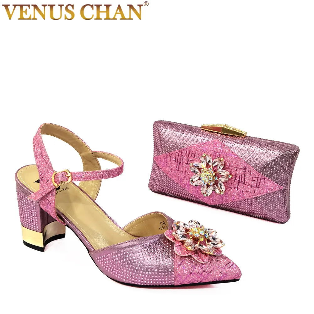 

2021 Newest Pink Color Shinning PU material Ladies Shoes and Bag Set Decorated with Metal Fish Bone for Party