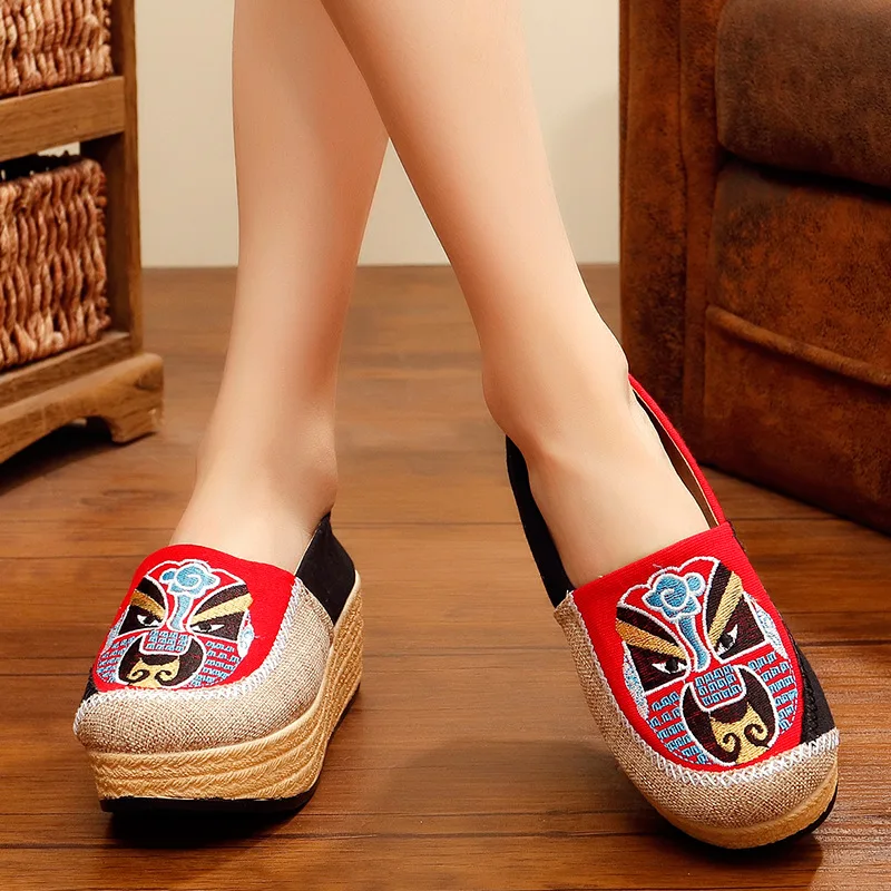 

New Platform Sole Shoes Peking Opera Facial Makeup Linen Canvas Ethnic Style Women's Shoes Fashion 2020