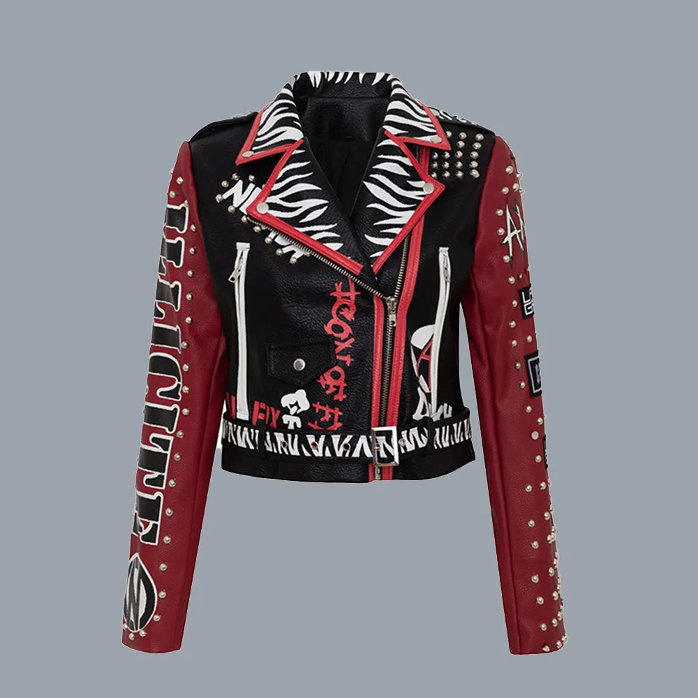 

Куртка женская кожаная короткая облегающая, пальто из искусственной кожи в стиле панк и готика, с заклепками и знаком в западном стиле, Осен...