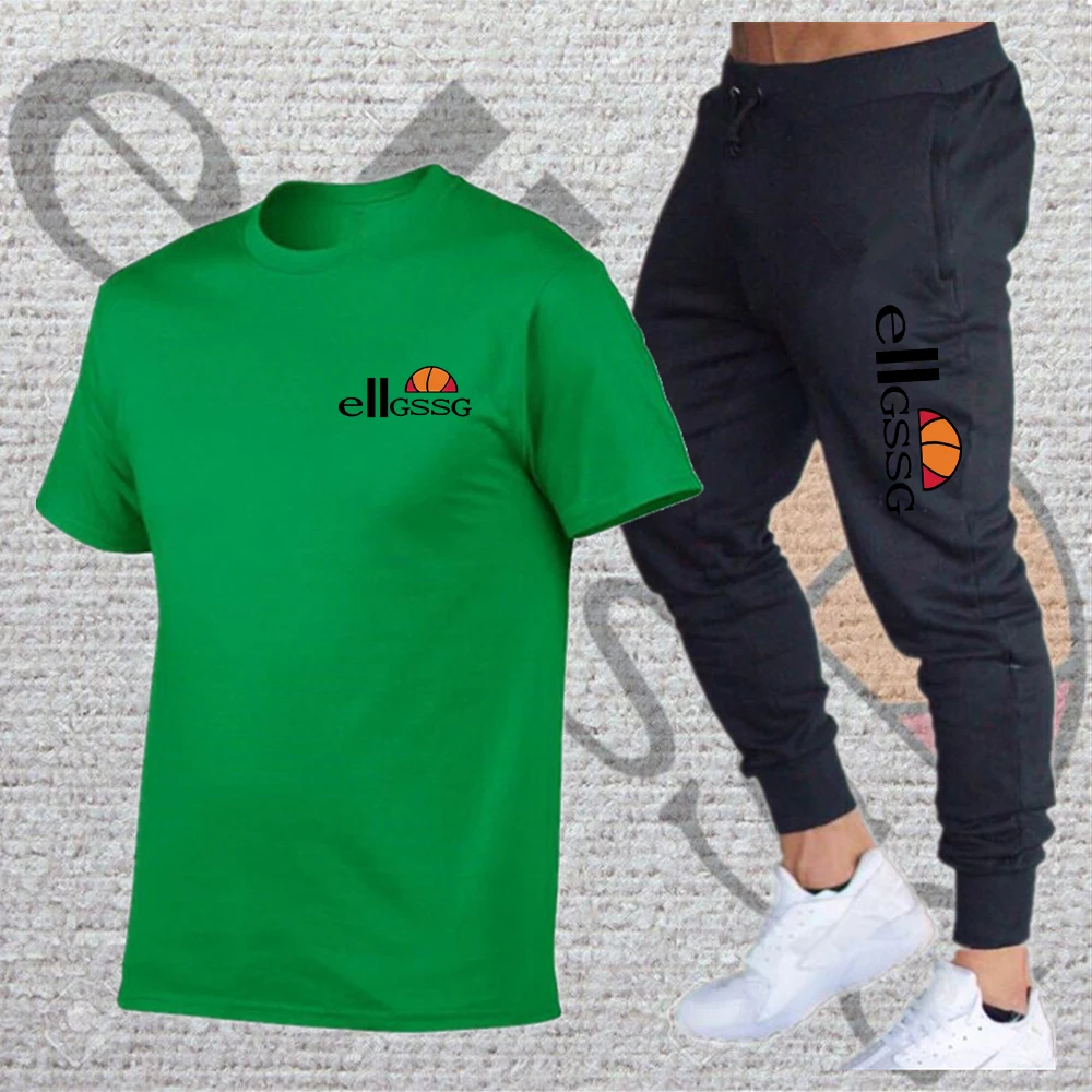 

Summer Men High Quality Short Sleeve Fashion Casual T-shirt+Men's Belt Fitness Workout Tights Brand Men's 2pcs Asian Size S-3XL