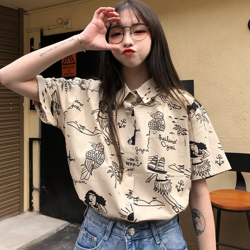 

Women Blouses and Tops Turn-down Collar Button Women Blouses Casual Top Print Retro Style Short Sleeve Beach Chiffon Polyester