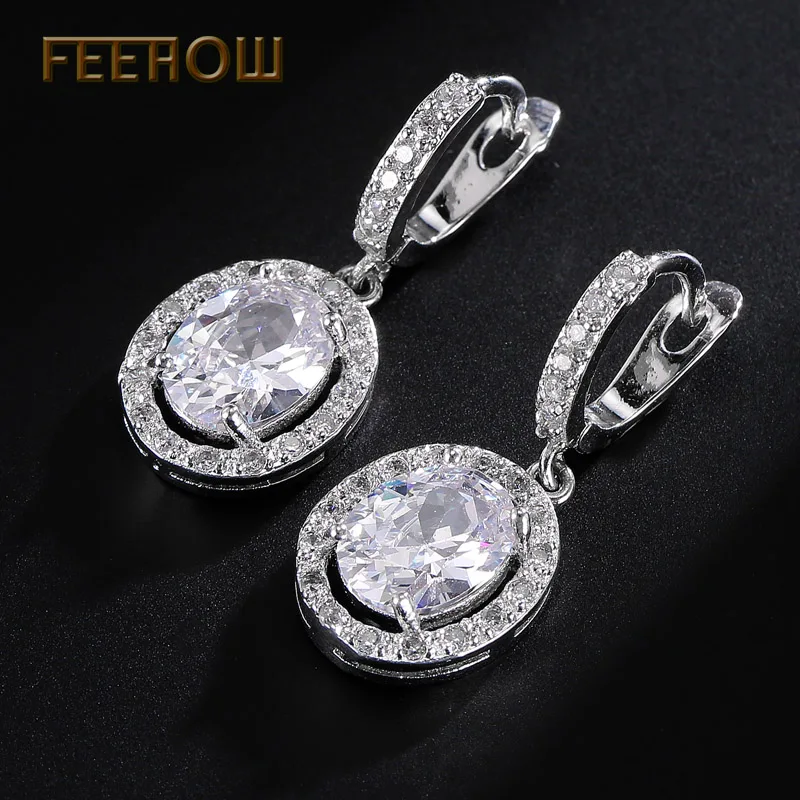 Женские сережки подвески FEEHOW белые в овальной форме с микро инкрустацией и