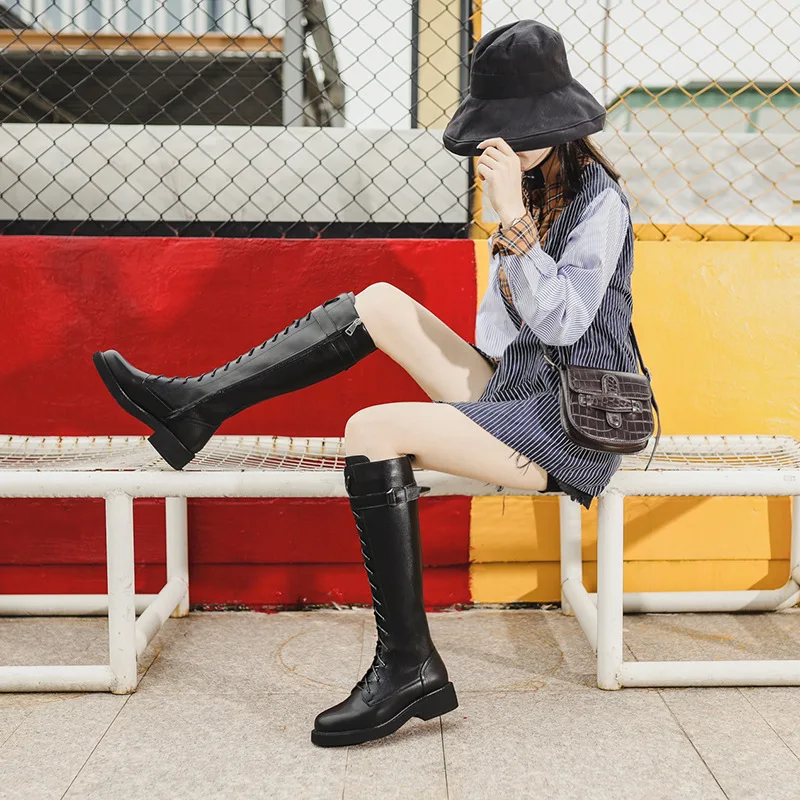 Fujin/женские сапоги до колена с пряжкой Черные мотоботы на шнуровке Зимние