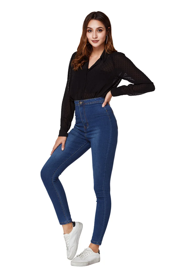 

Women Jeans Plus Size Casual High Waist Summer Autumn Pant Slim Stretch Cotton Denim Trousers for Woman Navy Blue