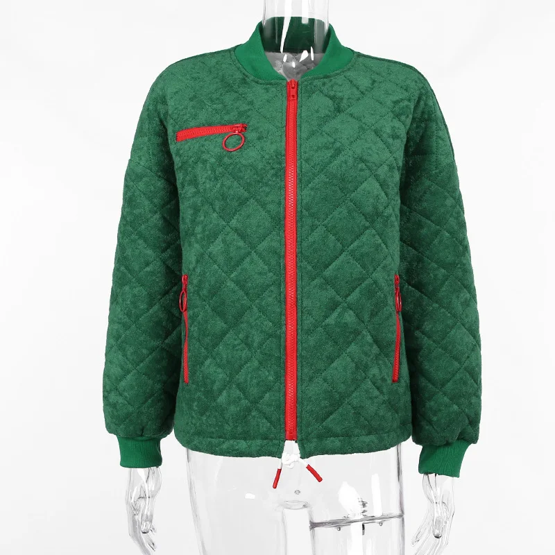 2021 Autumn Winter Fashion Trend Jacket New O-Neck Diamond Lattice Zipper Baseball Uniform Green Warm Female Jacket Parkas