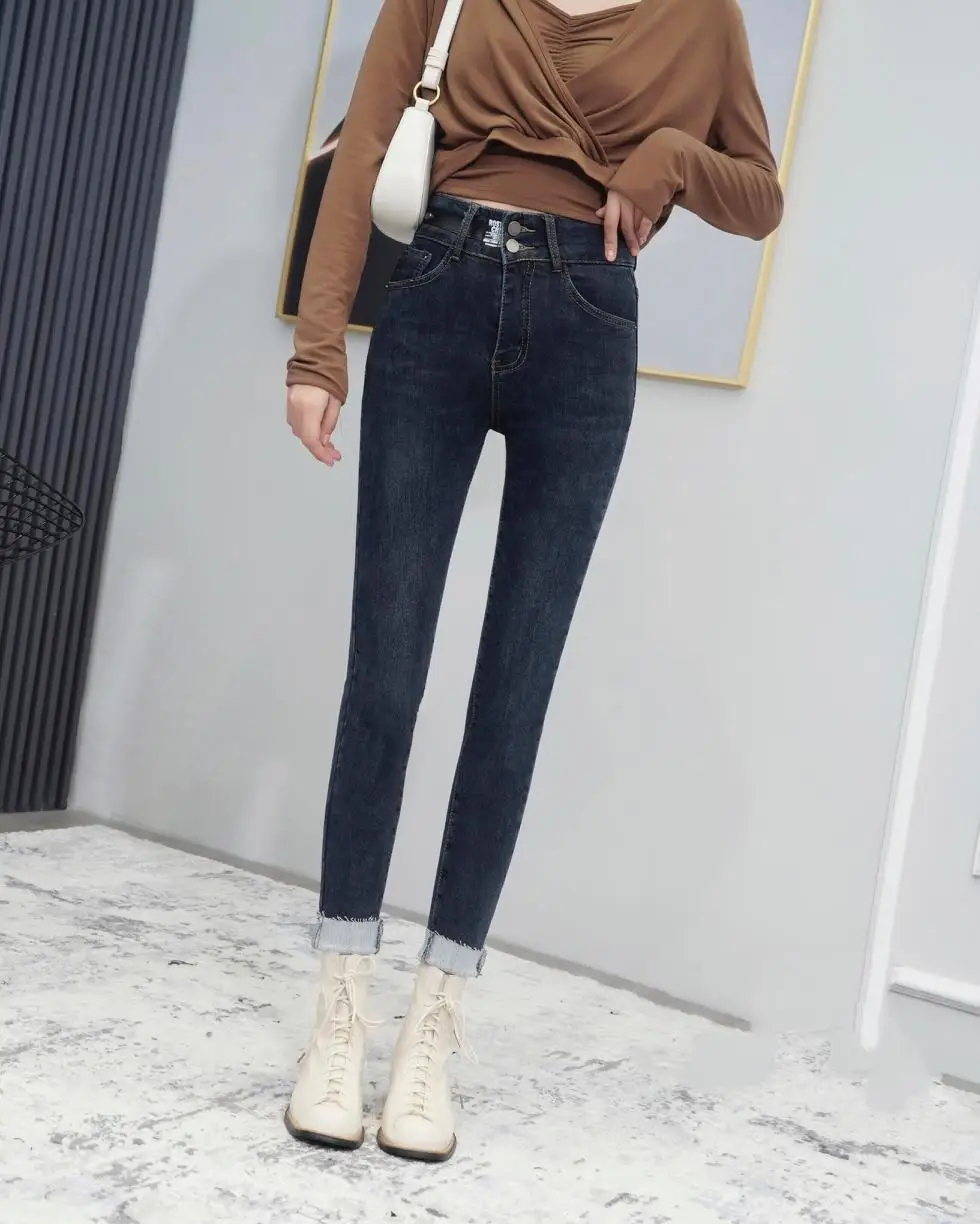 

New Elegant Fashion Women Fleece Jeans Buttons High Waist Pencil Pants Denim