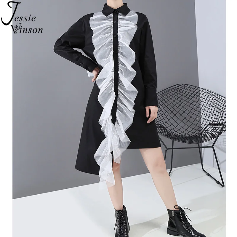 

Женское платье-рубашка в стиле пэчворк Jessie Vinson, черное платье-рубашка с длинным рукавом, асимметричным подолом, свободного кроя, в стиле пэч...