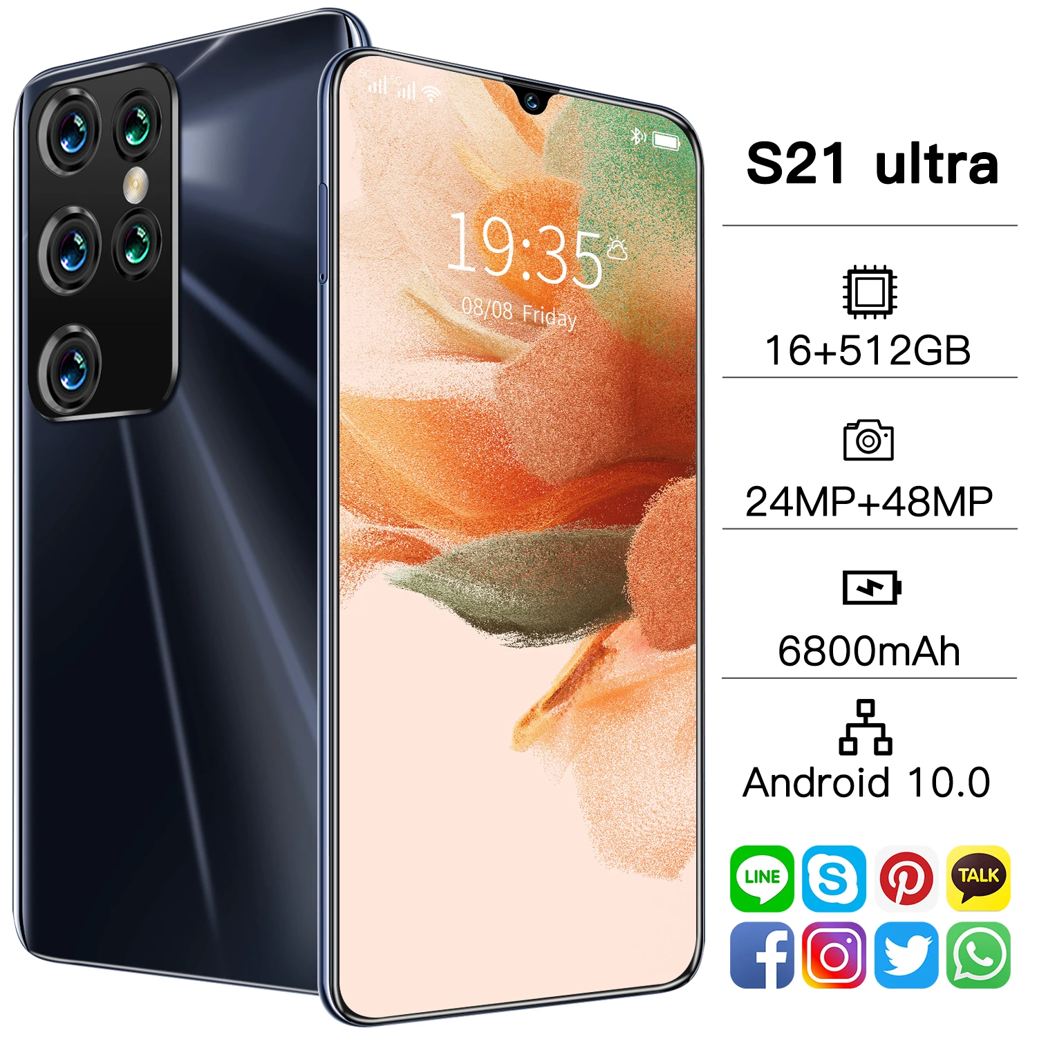 

Global Version Galxy S21 Ultra Smartphone 7.1 Inch Full Screen 12+512GB 24+48MP Andriod 10 Fingerprint ID 3040*1440 Cellphones