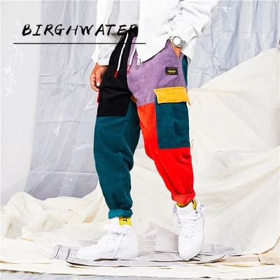 

Corduroy Color Block Patchwork Streetwear Cargo Pants Men and Women Fall Harajuku Plaid Loose Harem Jogger Sweatpant Trousers