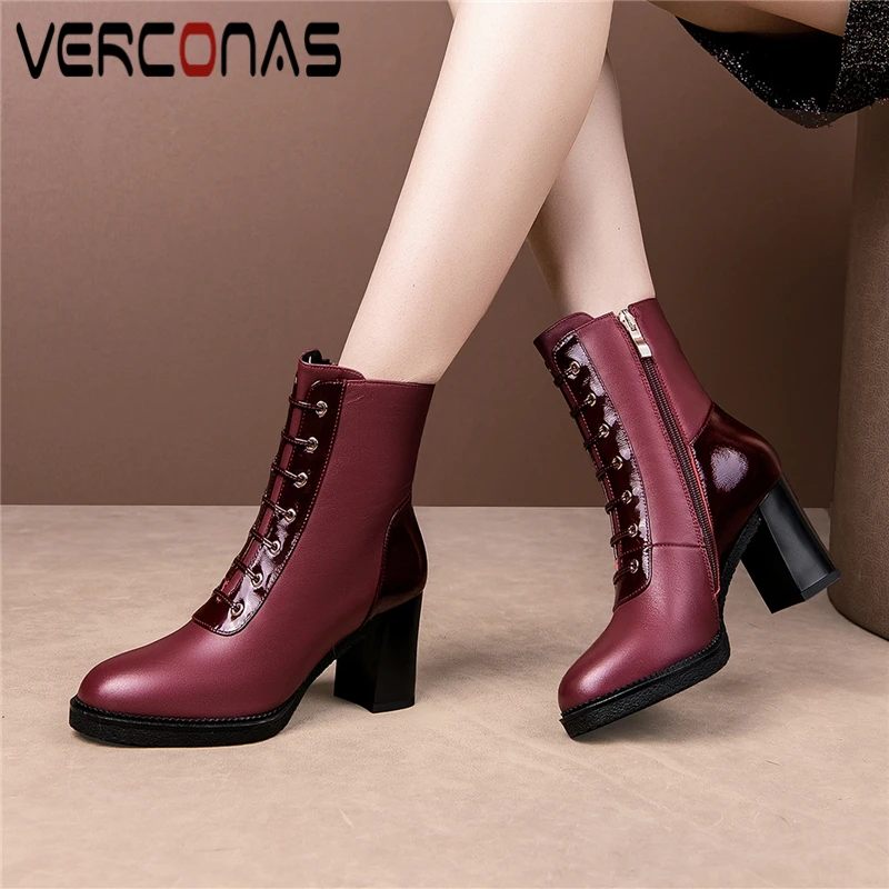 

VERCONAS Elegant New Women Ankle Boots Genuine Leather High Heels Shoes Woman Autumn Winter Side Zipper Office Lady Basic Boots