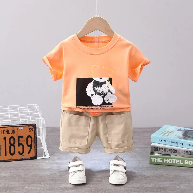 

Модная летняя детская одежда для мальчиков и девочек, детская хлопковая Футболка с медведем, короткие штаны, 2 шт./комплект, комплекты одежды...