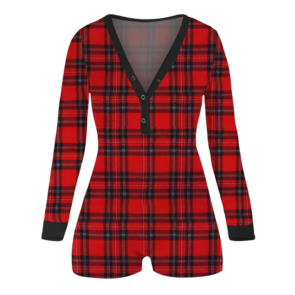 

2021 New Printed Functional Button Flap Pajamas Jumpsuit Women Sexy Deep V Neck Long-Sleeved Rompers Ladies Red Plaid Playsuits