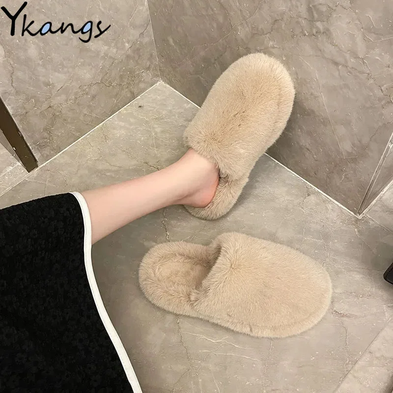 

Winter Warm Women Home Slippers Pure Color Artificial Plush Fluffy Simple Flat Slippers Fashion Rubber-soled Non-slip Lazy Shoes
