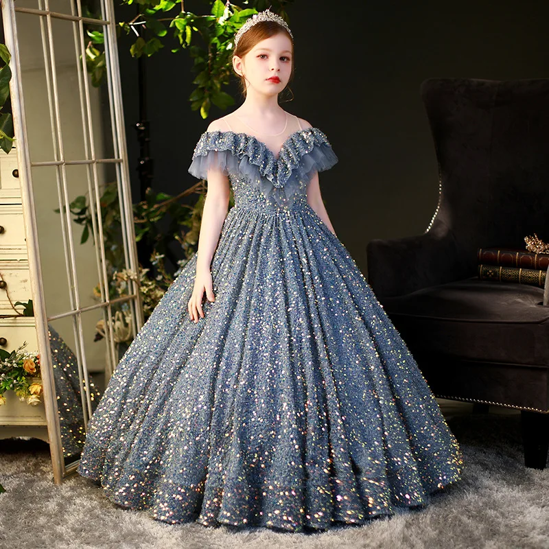 

Girls Shoulderless Evening Dress Toddler Petal Sleeve Ruched Ball Gowns Kids Sequined Princess Dresses Teens Party Puffy Frocks