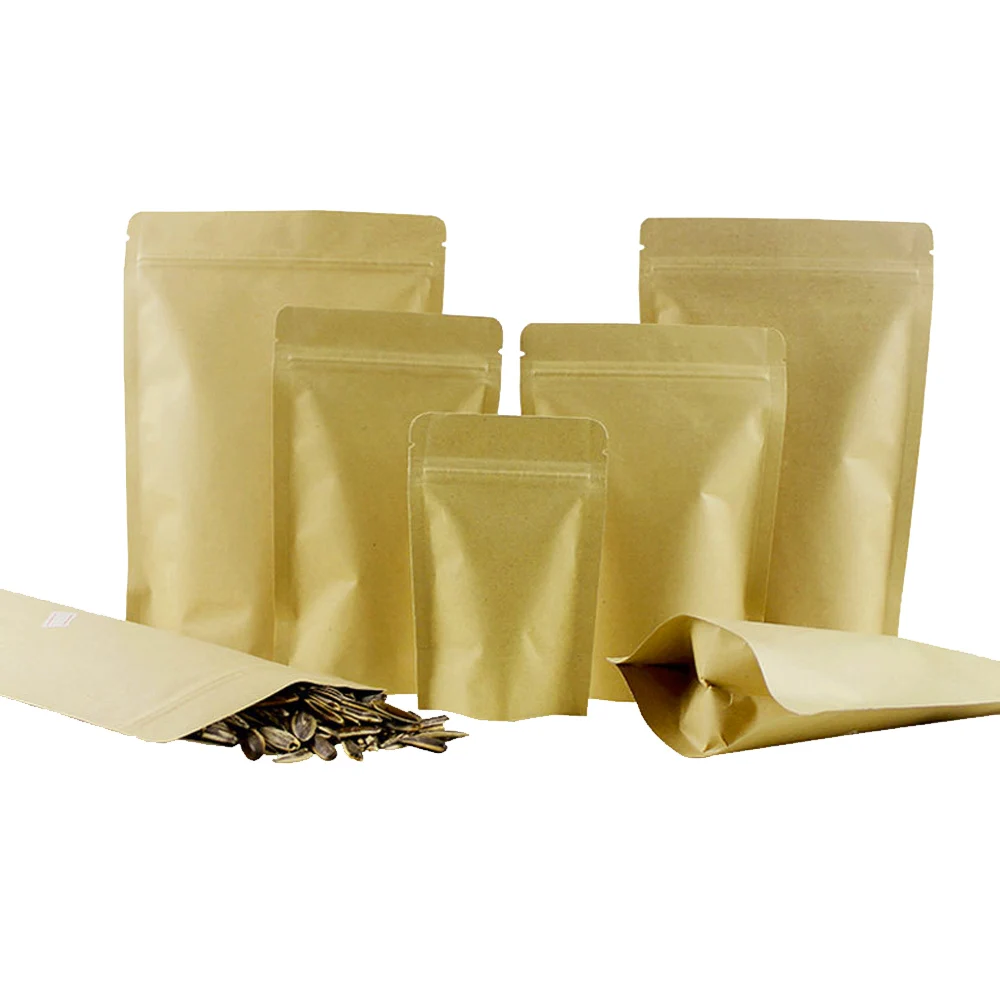 

50Pcs Brown Kraft Paper Mylar Foil Zip Lock Stand Up Bag Self Grip Seal Tear Notch Doypack Resealable Food Tea Candy Pouches