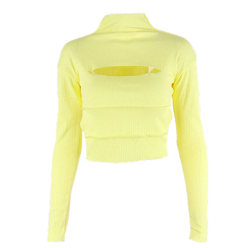 

Fashion Turtleneck Hollow Out Sexy Women Yellow Skinny Mini Long Sleeve T Shirt 2021 Autumn Winter Lady Basic Cropped Tees Tops