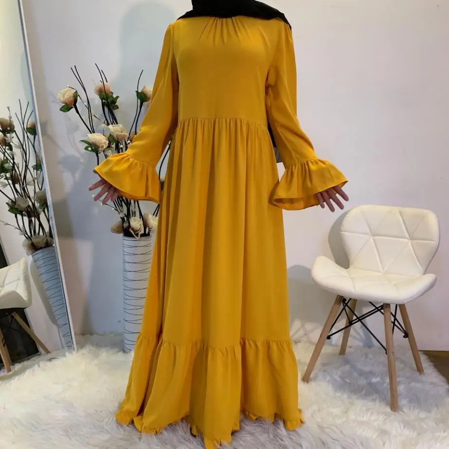 Женское платье в мусульманском стиле, однотонная абайя с длинным рукавом, расширяющаяся широкая юбка, модель a1521