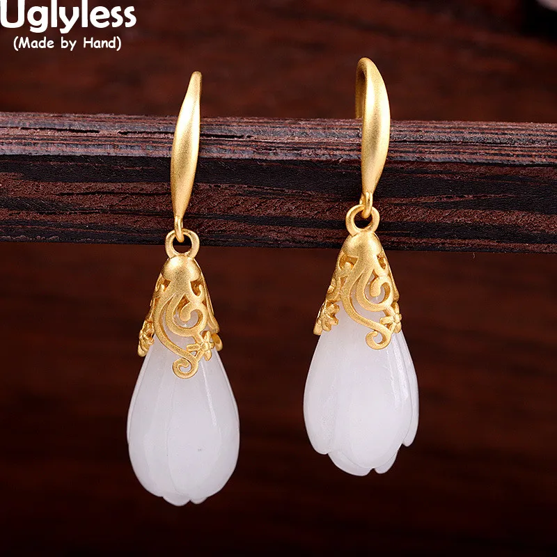 

Uglyless Elegant Women Magnolia Earrings Real Gold Antioxidant 925 Silver Jewelry Xinjiang Hetian Jade Magnolia Brincos Bijoux