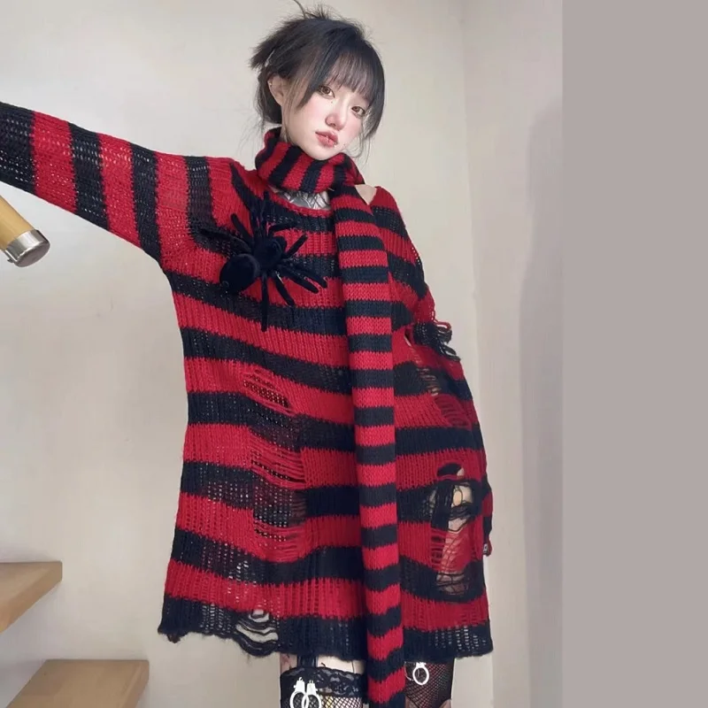 Свитер Mikumn женский в готическом стиле вязаный джемпер полоску свободный ажурный