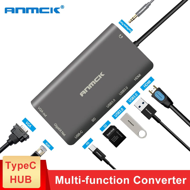 USB-концентратор Anmck usb-c на HDMI VGA RJ45 PD Thunderbolt 3 адаптер для MacBook Samsung Galaxy S9 Huawei P20 Pro Type-C 0