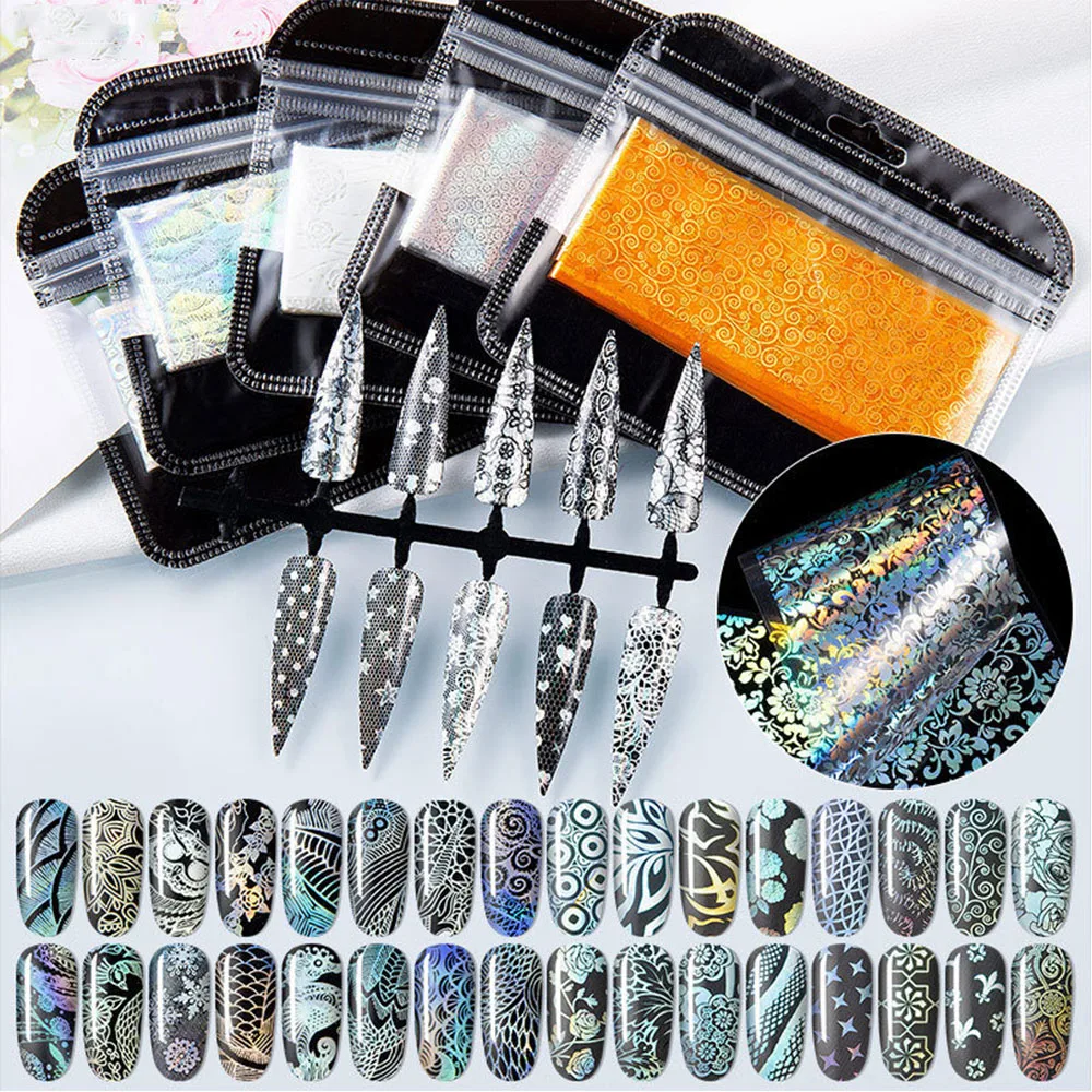 16 шт./лот наклейки из фольги для ногтей черно белые кружевные цветы Дизайн