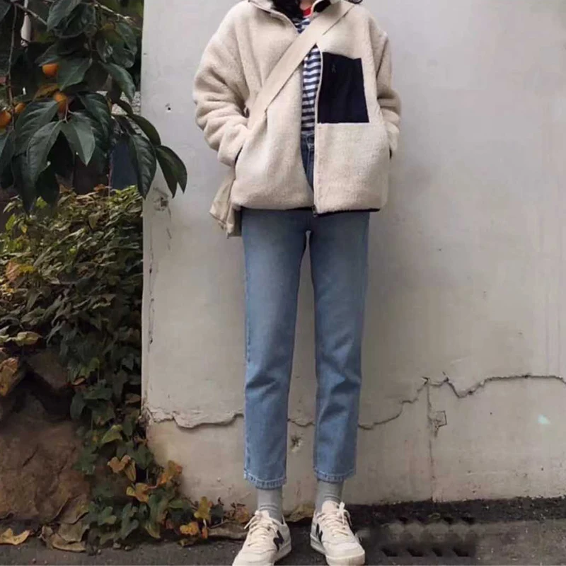 

Winter New Streetwear Lamb Velvet Jacket Stand Collar Contrast Plush Cotton Zipper Jacket Women's Fashion Casual Fake Fur Coat