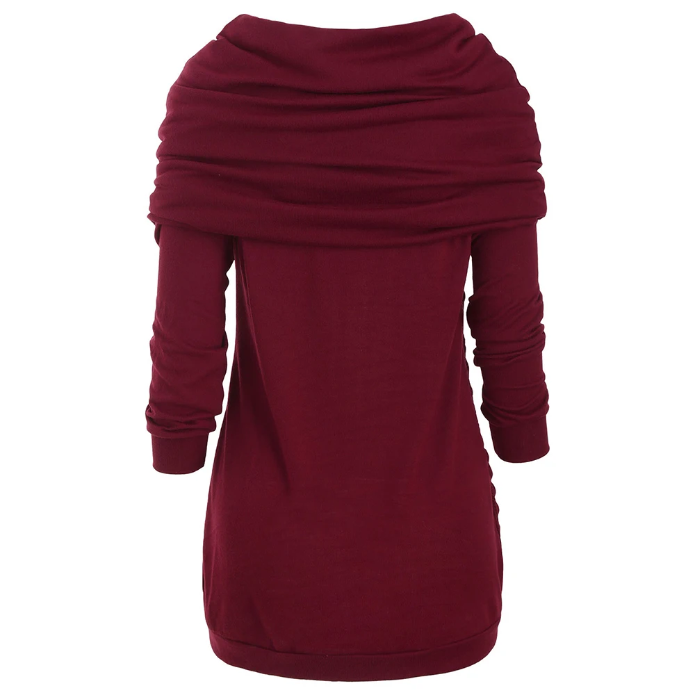 Женская Осенняя трикотажная туника с воротником Хомутом пуговица свитер