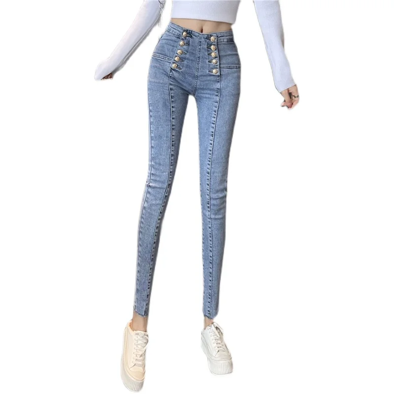 

Skinny Jeans For Women High Waist Elastic Jeans Female Washed Slim Chic Gold Buttons Denim Pencil Pants Spring Autumn