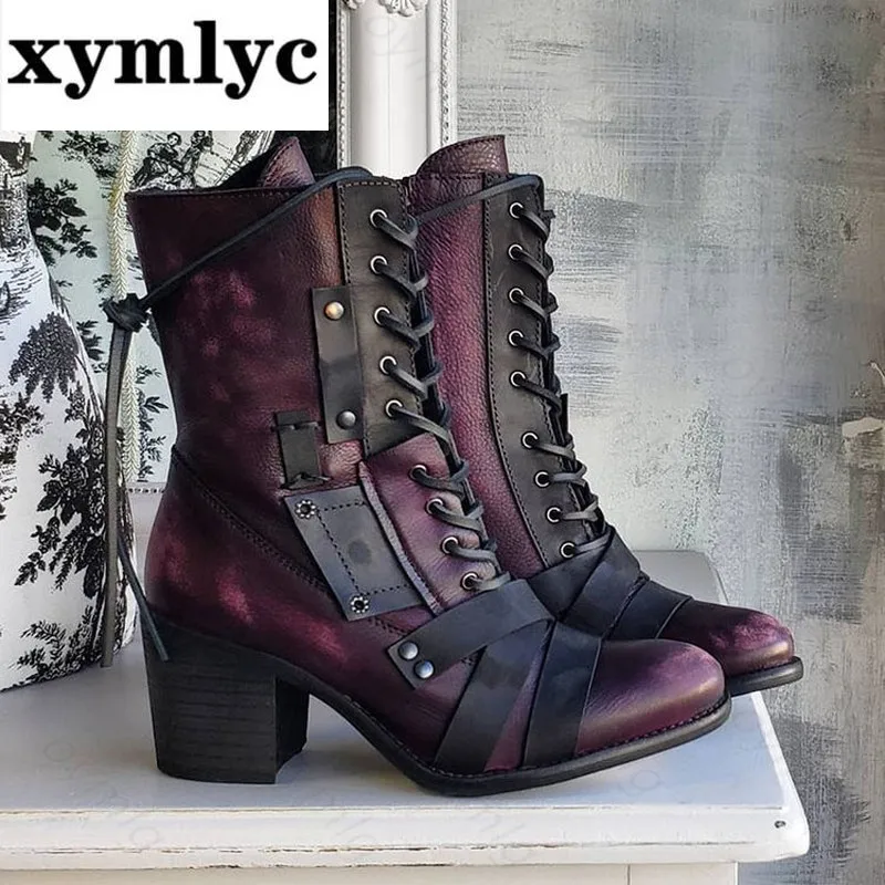 

2020 New Women Winter Outdoor Lace-up Ankle Boots Ladies Square Heel PU Boot Plus Size 35-43 Casual Booties Woman Zapatos Mujer
