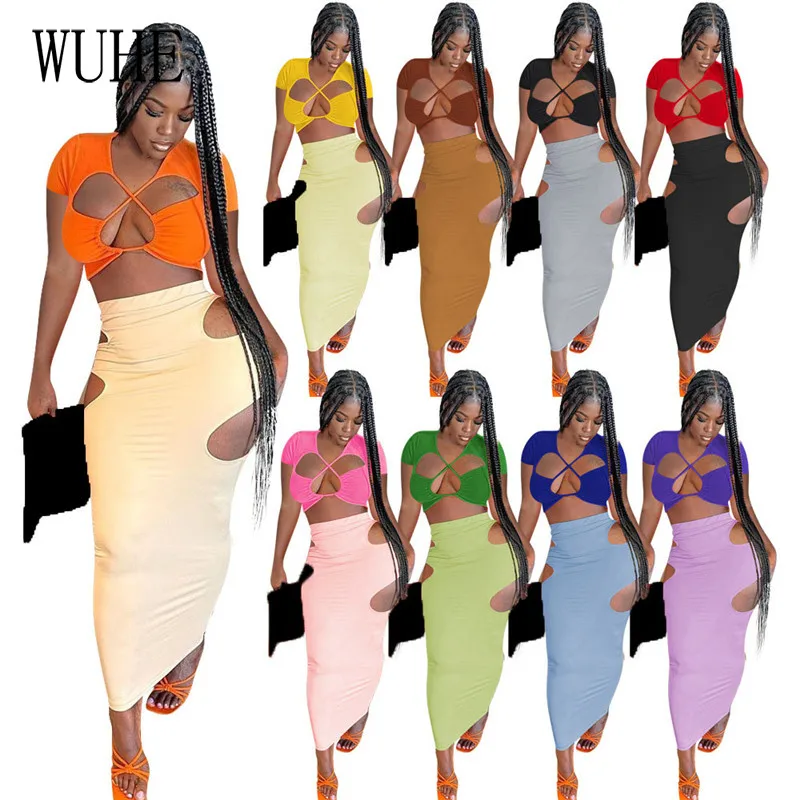 

WUHE Casual Summer 2 Piece Suits Short Sleeve Hollow Out V Neck Top Hollow Out Pleated Skirts Nightclub Party Women Outfits